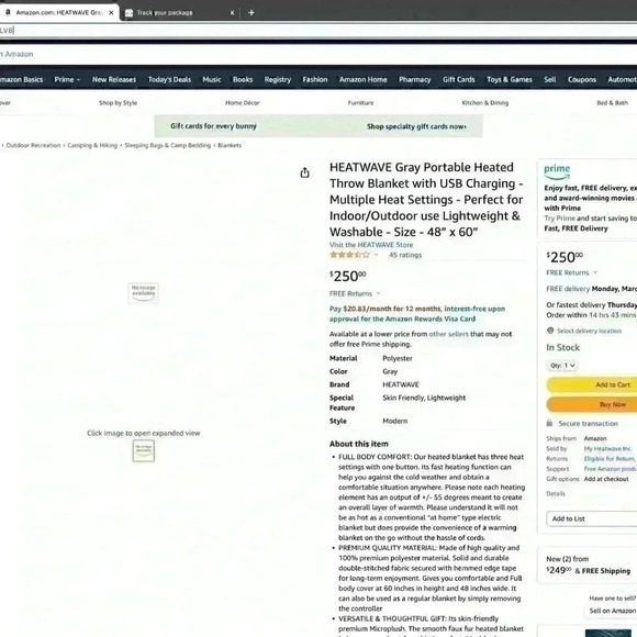 HEATWAVE Gray Portable Heated Throw Blanket with USB Charging   (Save $135.00) - Picture 2 of 11